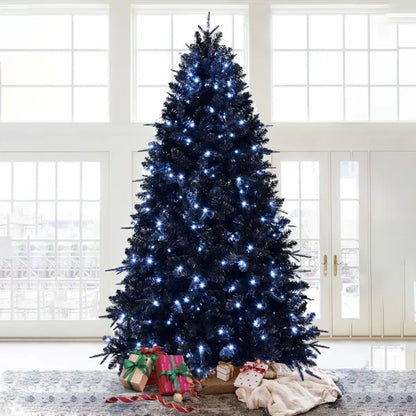 1,52 m hoher schwarzer Weihnachtsbaum mit 250 weißen LED-Lichtern, 1076 Spitzen PE+PVC künstlicher Baum für Halloween- und Feiertagsdekoration, Scharnierstruktur mit stabilem Metallständer