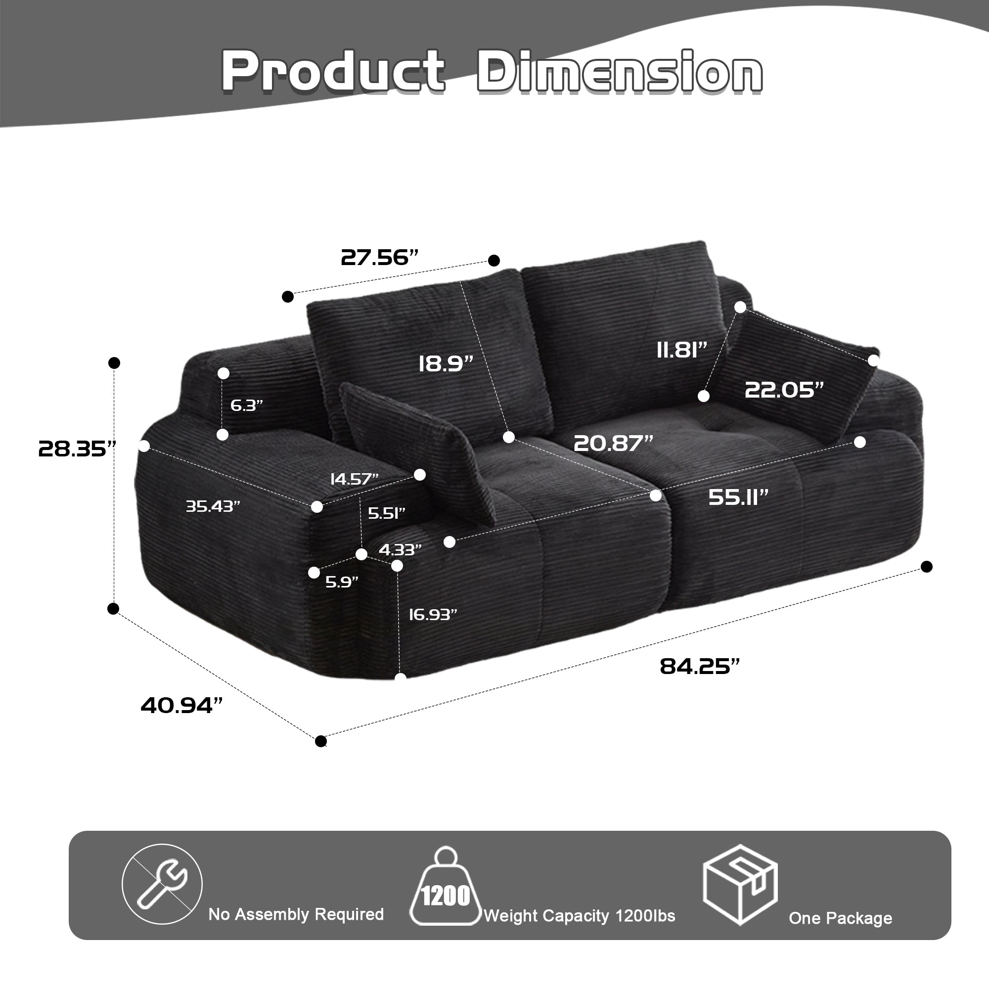 Black Corduroy Loveseat Sofa