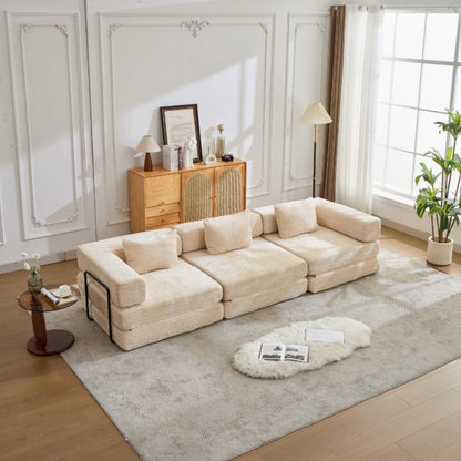 Kompressions-Sofa, Umwandelbares Boden-Sofa-Bett mit feststehendem Rahmen, Knochenloses modulares Sektionssofa, Keine Montage erforderlich, Chenille-Stoff, für Wohnzimmer und Schlafzimmer, Beige