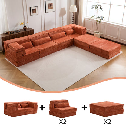 Kompressions-Mahjong-Sofa, Umwandelbares Boden-Sofabett, DIY Knochenloses Modulares Sektionalsofa, Keine Montage erforderlich, Kreisförmiger Fleece-Stoff, Überdimensioniertes 4-Sitzer-Sofa mit 2 Hocker, Orange
