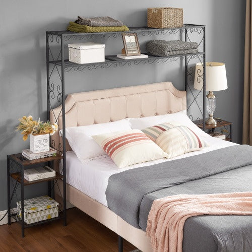 Queen-Bettgestell mit 2 Nachttischen, Kopfteilen mit Stauraum-Schrank, Kopfteil mit Regalen, Bücherregal-Kopfteil Queen, einfache Montage für das Schlafzimmer, Eisen und Holz, rustikal braun