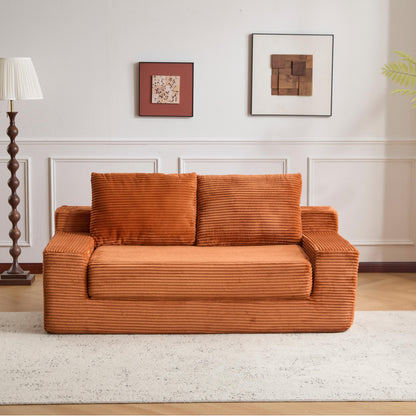 Zweisitzer-Sofa, Bequemes Sofa-Bett mit tiefer Sitzfläche, Modernes kleines Cord-Sofa für Wohnzimmer und Schlafzimmer, Umkehrbares Kissen mit Kissen, Keine Montage erforderlich, Orange