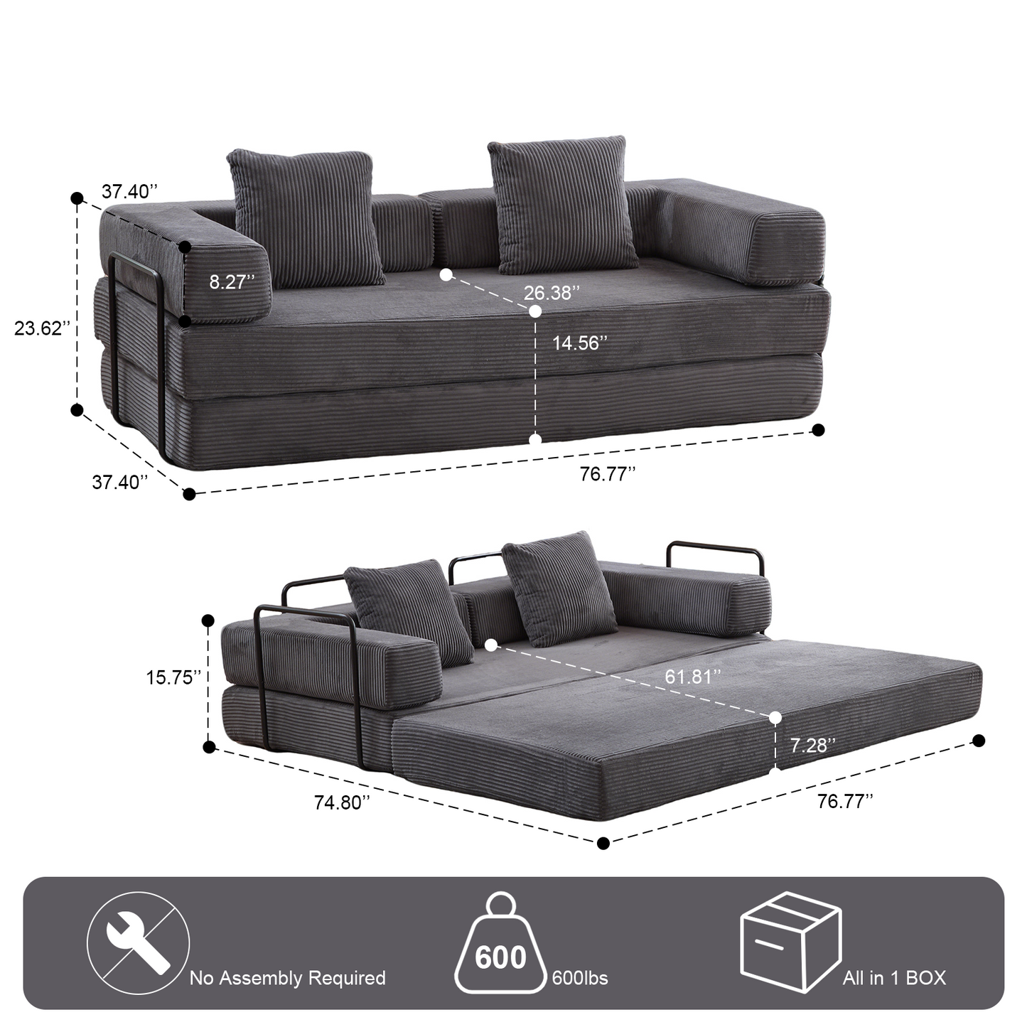 Boden-Couch, Kompressions-Sofa, Umwandelbares Boden-Sofa-Bett – mit Kissen-Rückenlehne und Armlehne, Bequeme Futon-Couch-Liege-Schlafsofa, Kordstoff, für Wohnzimmer und Schlafzimmer, Dunkelgrau