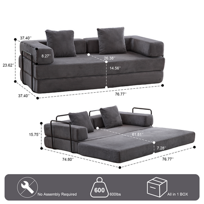 Boden-Couch, Kompressions-Sofa, Umwandelbares Boden-Sofa-Bett – mit Kissen-Rückenlehne und Armlehne, Bequeme Futon-Couch-Liege-Schlafsofa, Kordstoff, für Wohnzimmer und Schlafzimmer, Dunkelgrau