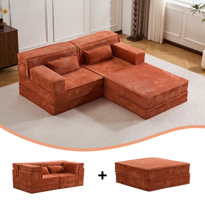 Kompressions-Mahjong-Sofa, umklappbares Boden-Sofabett, DIY knochenloses modulares Sektionssofa, keine Montage erforderlich, Kreisförmiger Fleece-Stoff, überdimensioniertes 2-Sitzer-Sofa mit 1 Hocker, Orange