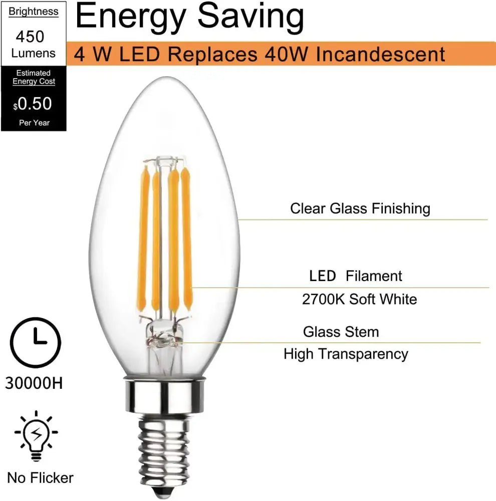 Clear glass candelabra style decorbites c35 led dimmable bulb with three warm yellow filament rods and chrome base