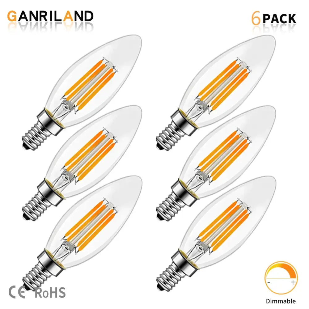 Six-pack of decorbites c35 led dimmable glass candle bulbs with warm orange filaments and silver screw bases for chandeliers