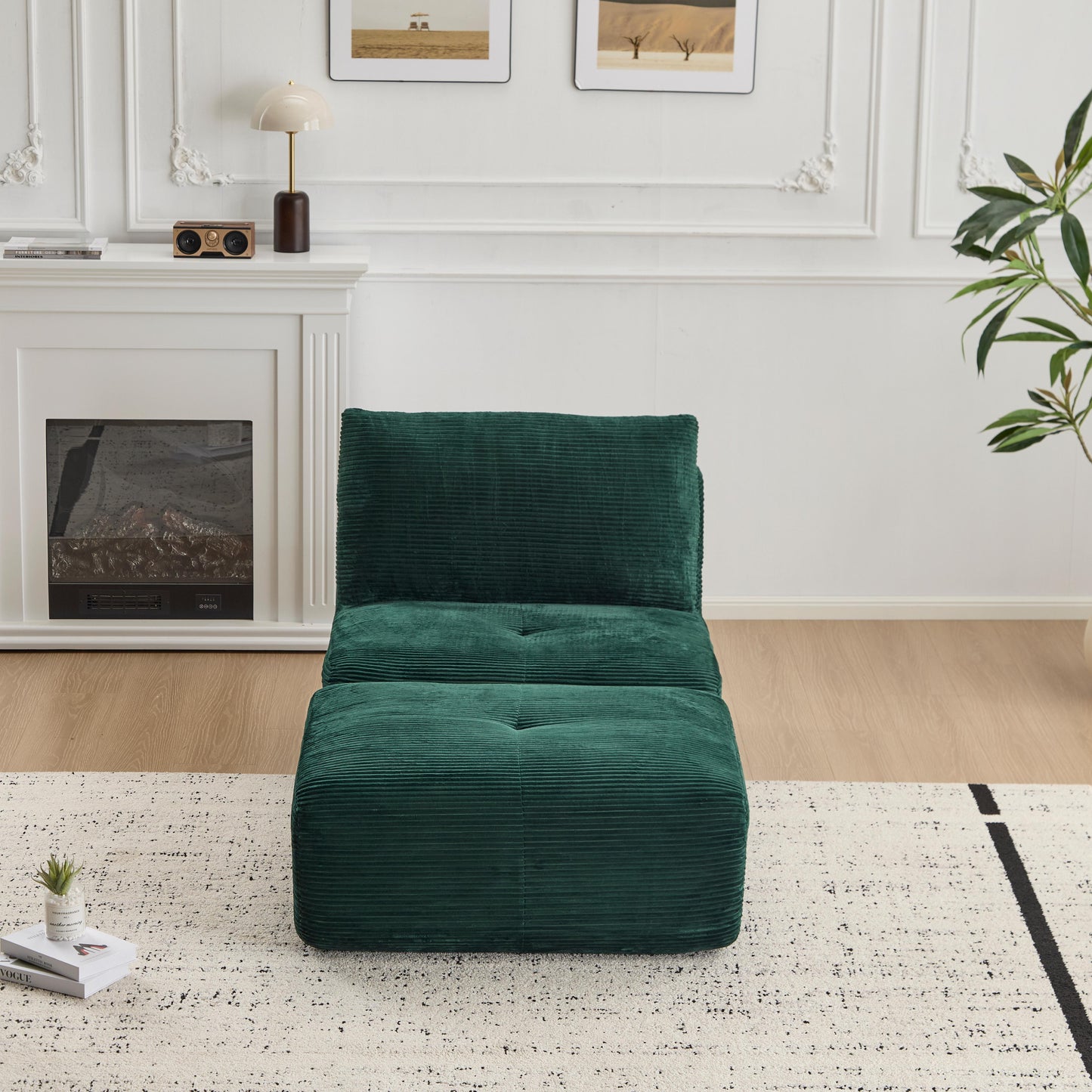Modern Memory Foam Compressed Sofa,Single Chaise Longue For Living Room,Pet-Friendly Cloud Modular Sectional Sofa,Corduroy Fabric,Movable Ottoman,No Assembly Required,Green