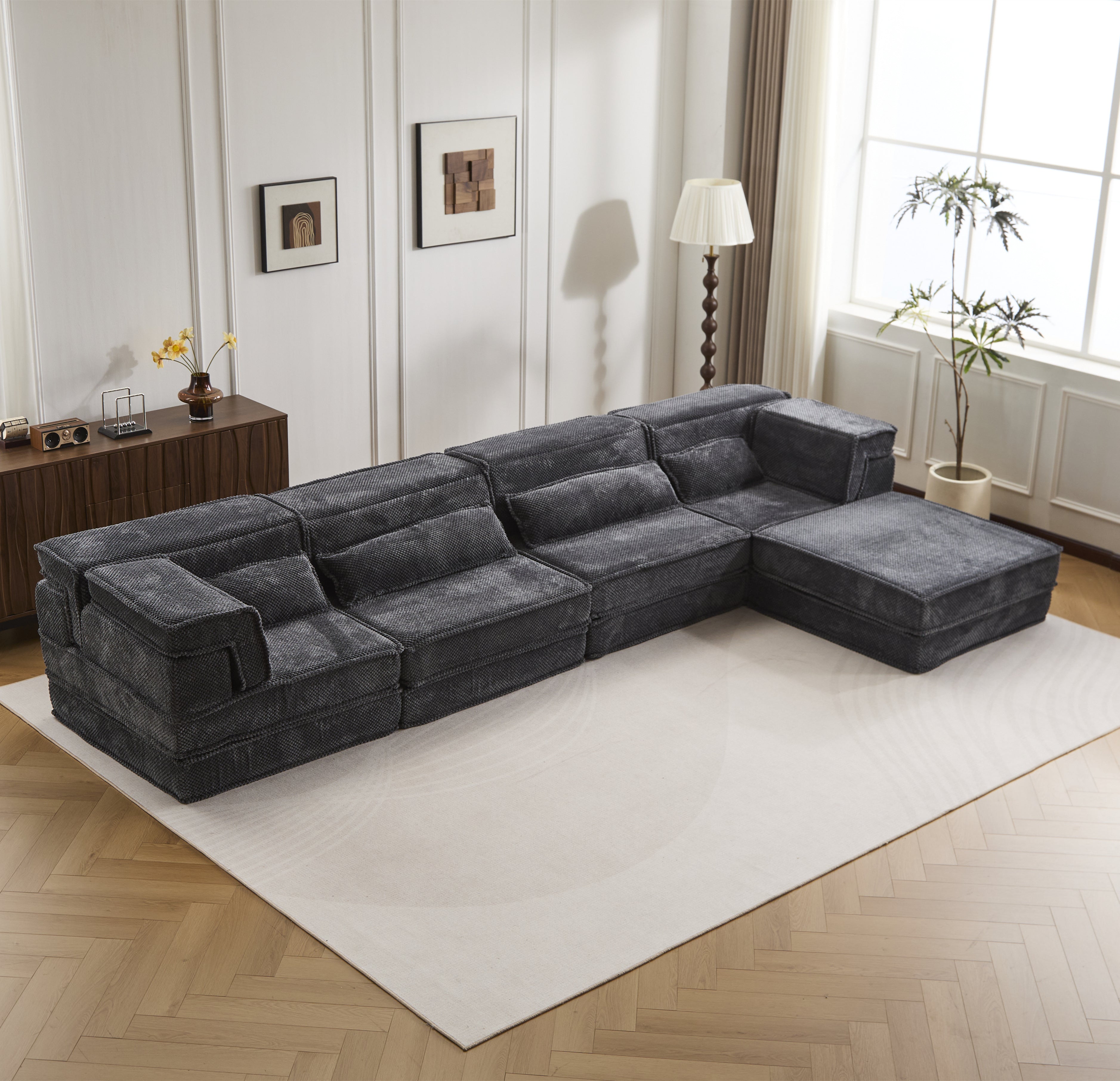 Kompressions-Mahjong-Sofa, umklappbares Boden-Sofabett, DIY knochenloses modulares Sektionssofa, keine Montage erforderlich, Kreisförmiger Fleece-Stoff, Überdimensioniertes 4-Sitzer-Sofa mit 1 Hocker, Dunkelgrau