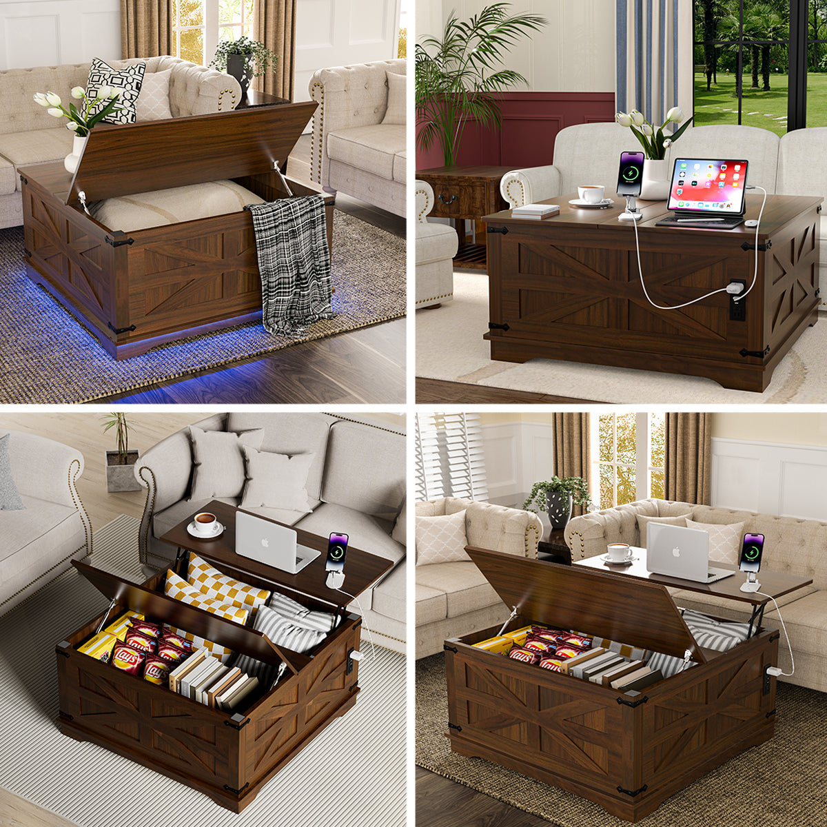 Landhaus-Couchtisch mit Klapptop, USB-Ladestation & verstecktem Stauraum - Robuste Holzbasis, Weiß-Braun-Optionen, Ideal für die Organisation im Wohnzimmer, Couchtisch für das Wohnzimmer, Vielseitig