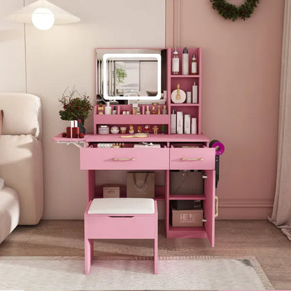 Toilettentisch mit LED-Spiegelbeleuchtung und Stromsteckdosen-Ladestation, Schminktisch mit 3 Schubladen, 7 Regalen und Stauraum-Hocker, für Mädchen und Frauen (Rosa)