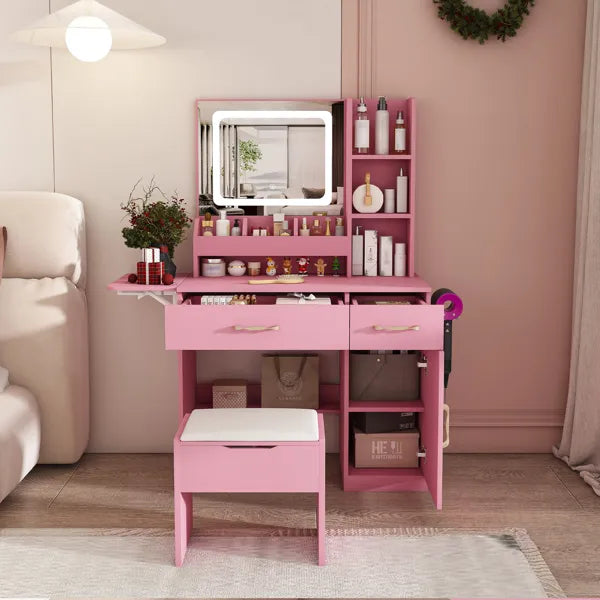 Toilettentisch mit LED-Spiegelbeleuchtung und Stromsteckdosen-Ladestation, Schminktisch mit 3 Schubladen, 7 Regalen und Stauraum-Hocker, für Mädchen und Frauen (Rosa)
