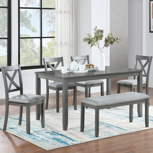 6-teiliges Küchen-Esszimmer-Set, rechteckiger Holztisch mit 4 gepolsterten Stühlen und einer Bank, Esstisch-Set für 6 Personen, Wohnzimmer, Hausbar und Küche, Grau