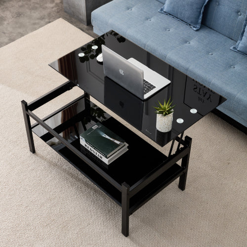 Glas-Hebetisch-Couchtisch, Modernes Einfaches 2-Lagiges Temperglas-Couchtisch für das Wohnzimmer, Schwarz
