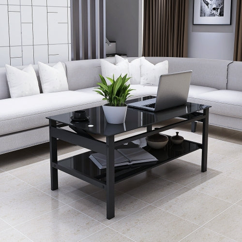 Glas-Hebetisch-Couchtisch, Modernes Einfaches 2-Lagiges Temperglas-Couchtisch für das Wohnzimmer, Schwarz