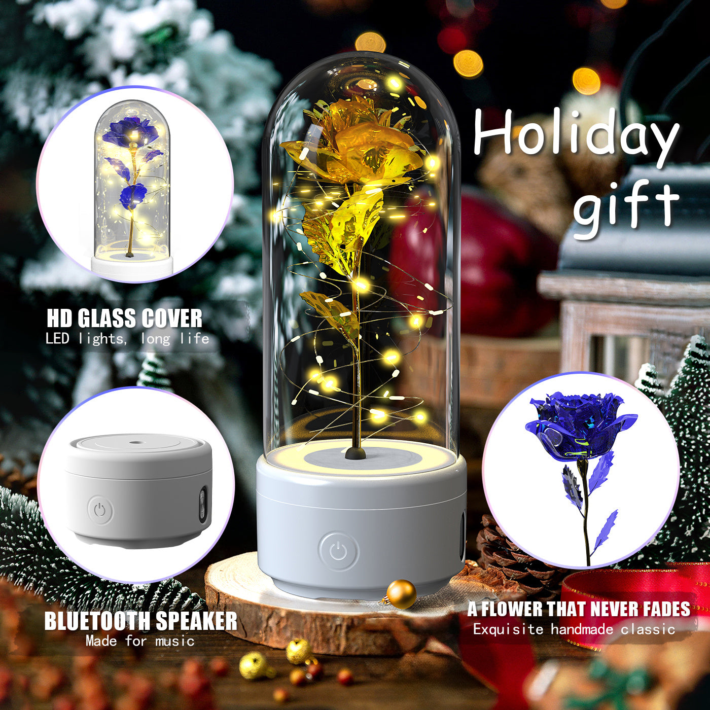 Kreatives 2-in-1 Rosenblumen-LED-Licht und Bluetooth-kompatibler Lautsprecher Valentinstag-Geschenk Rosenleuchtendes Nachtlicht-Ornament mit Glasabdeckung