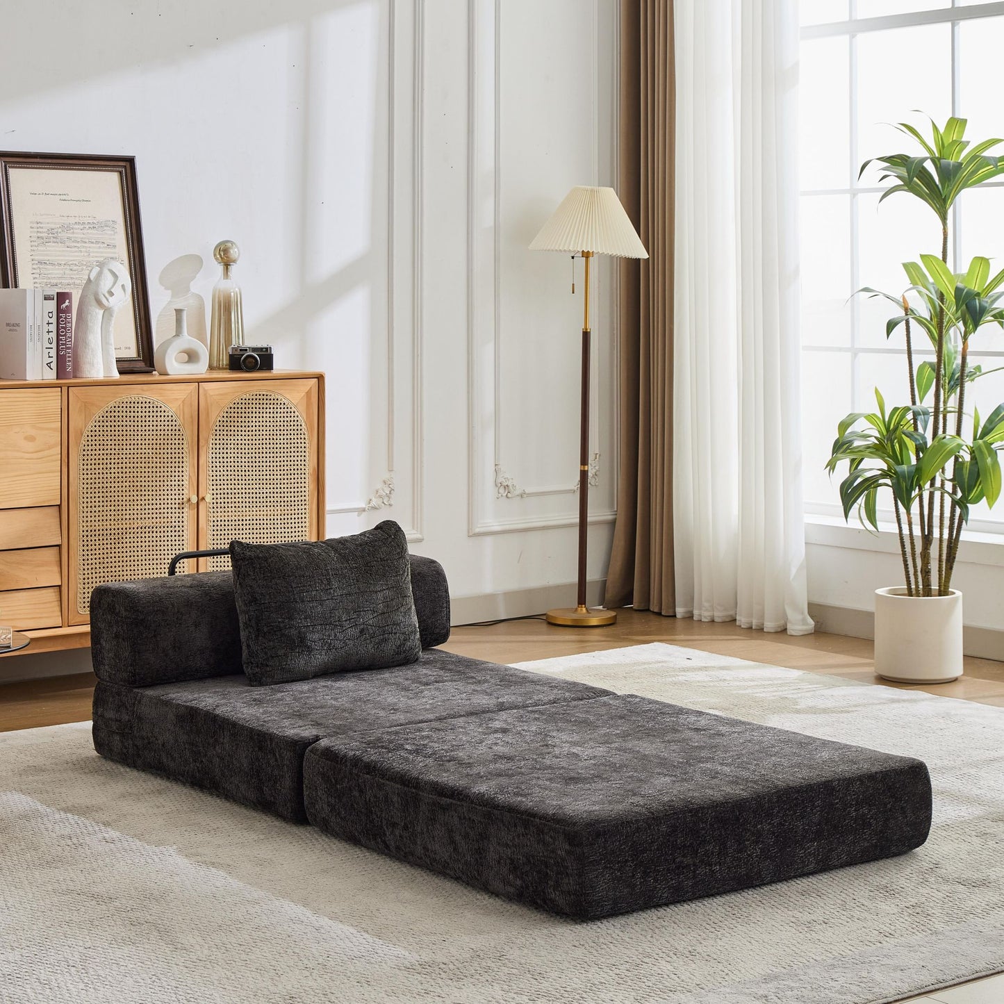 Kompressions-Sofa, Umklappbares Boden-Sofa-Bett mit feststehendem Formrahmen, Einzelner Sitz ohne Knochen, Modulares Sektionalsofa, Keine Montage erforderlich, Chenille-Stoff, für Wohnzimmer und Schlafzimmer, Schwarz