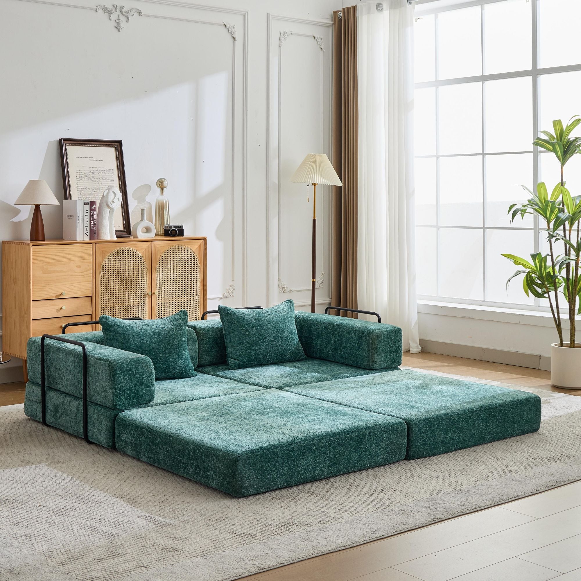 Kompressions-Sofa, Umklappbares Boden-Sofa-Bett mit festem Rahmen, Sessel knochenloses modulares Sektionalsofa, Keine Montage erforderlich, Chenille-Stoff, für Wohnzimmer Schlafzimmer, Dunkelgrün
