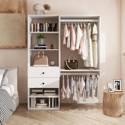Livelylodge Modulares Kleiderschranksystem: Moderner weißer offener Kleiderschrank für Schlafzimmer-Walk-in-Kleiderschrank mit 2 Schubladen & 6 Regalen & 1 Kleiderstange Stauraum-Kleiderschrank 54,6"L*17,16"B*70,2"H