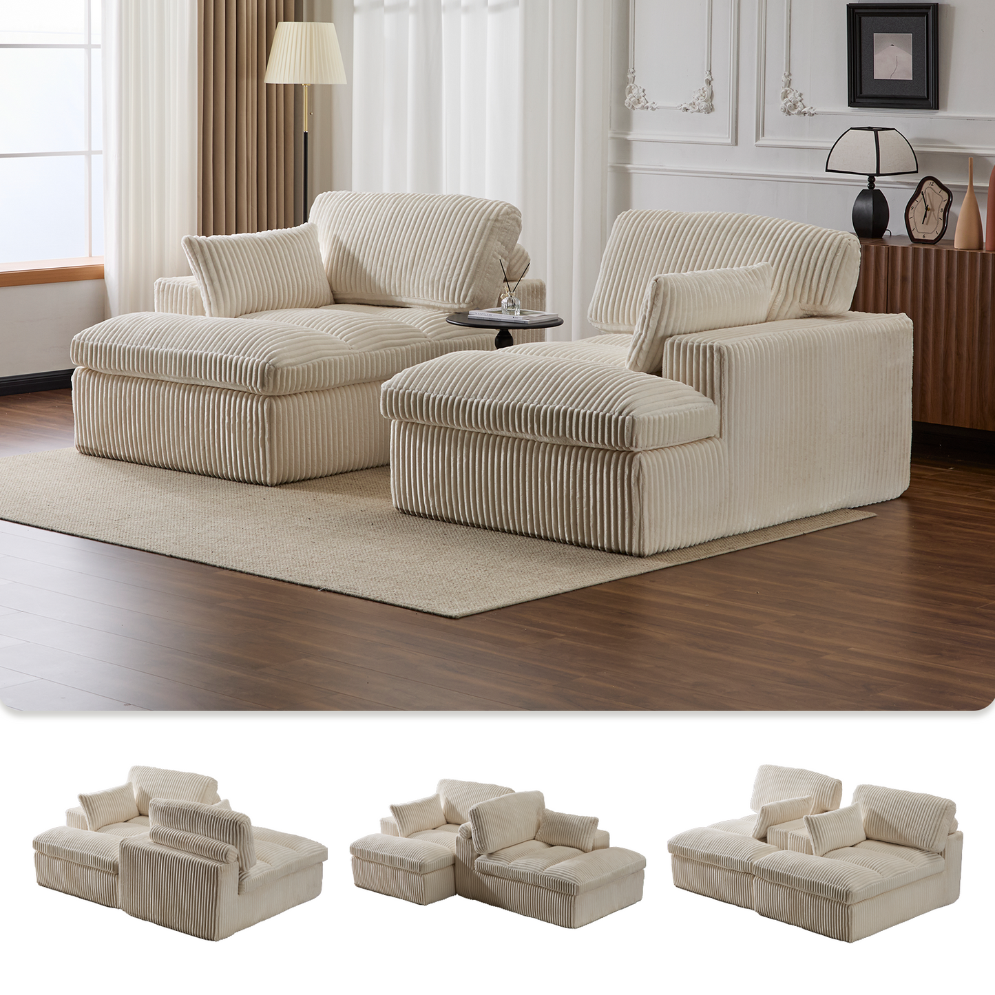 Doppel-Liege-Stuhl für Innenräume, Überdimensionierte Bezogene Schlafcouch Wolken-Sofa, Tief Sitzender Luxus-Sofabett, Ecksofa mit Liege und Sessel, Corduroy-Lesestuhl für das Wohnzimmer, Keine Montage erforderlich, Weiß