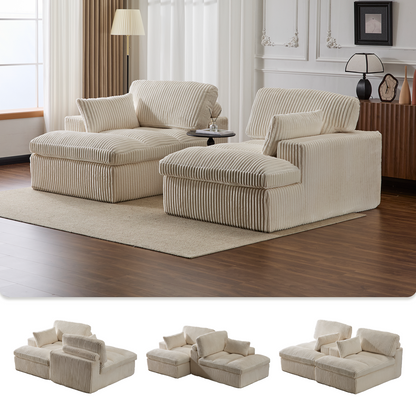 Doppel-Liege-Stuhl für Innenräume, Überdimensionierte Bezogene Schlafcouch Wolken-Sofa, Tief Sitzender Luxus-Sofabett, Ecksofa mit Liege und Sessel, Corduroy-Lesestuhl für das Wohnzimmer, Keine Montage erforderlich, Weiß