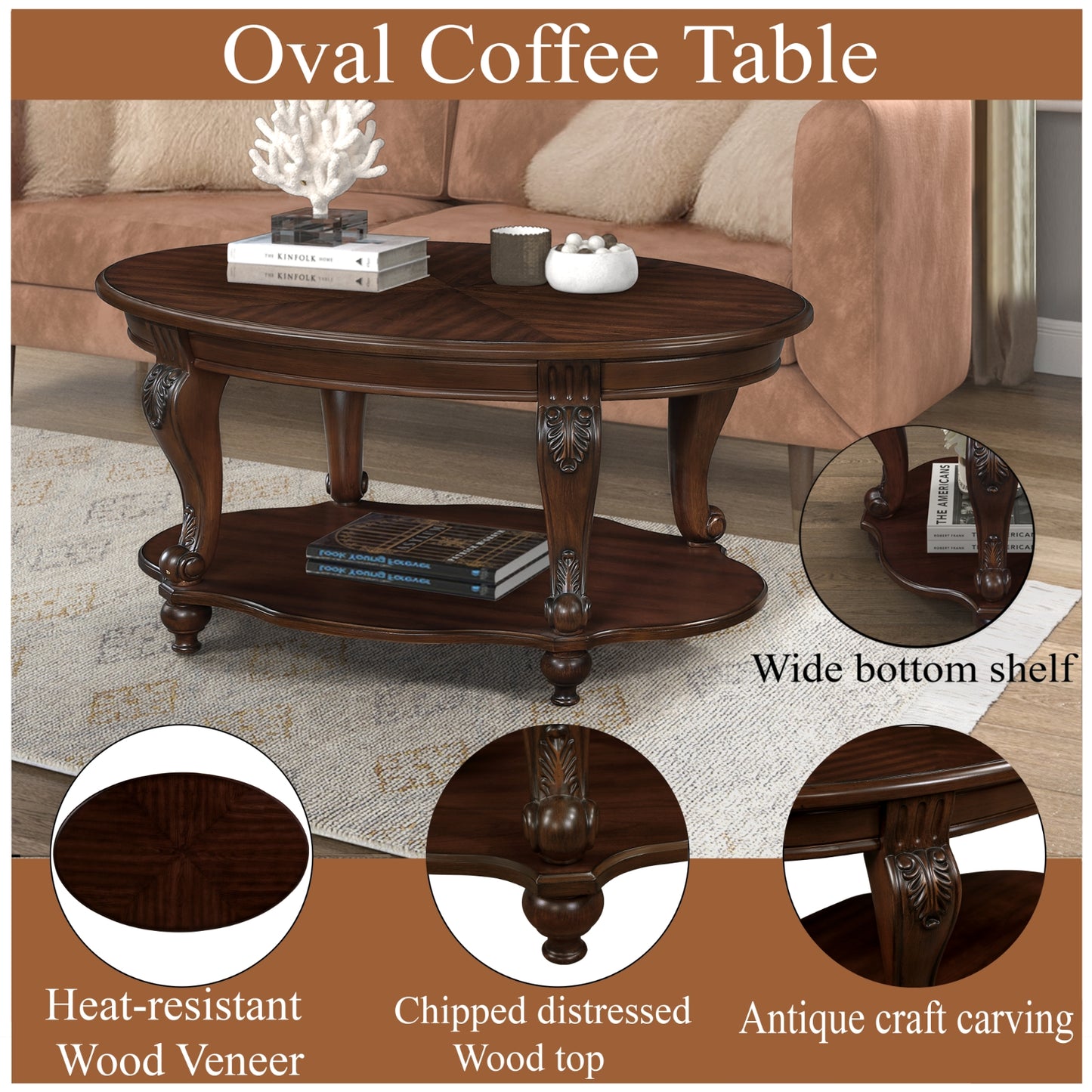 42'' Oval Wood Coffee Table For Living Room, 2-Tier Solid Wood Cocktail Table With Open Storage Shel