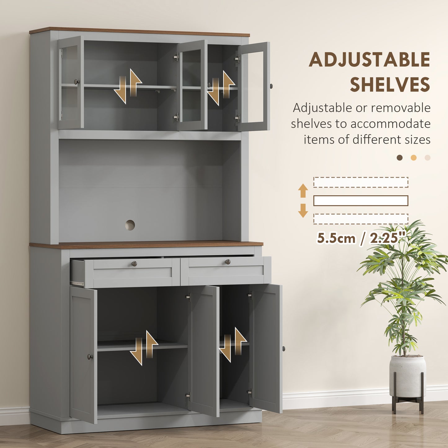 71 Küchen-Speisekammer-Schrank mit Mikrowellenständer, Küchenschrank mit 2 Schubladen und einstellbaren Regalen, Grau