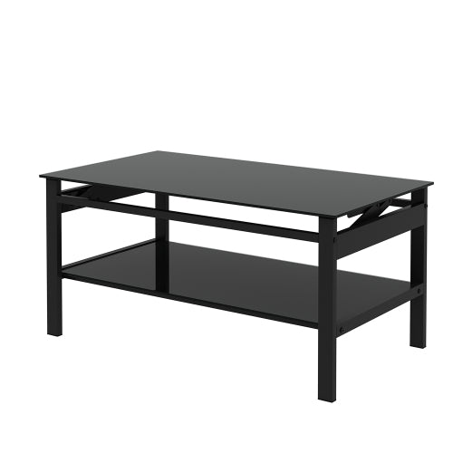 Glas-Hebetisch-Couchtisch, Modernes Einfaches 2-Lagiges Temperglas-Couchtisch für das Wohnzimmer, Schwarz