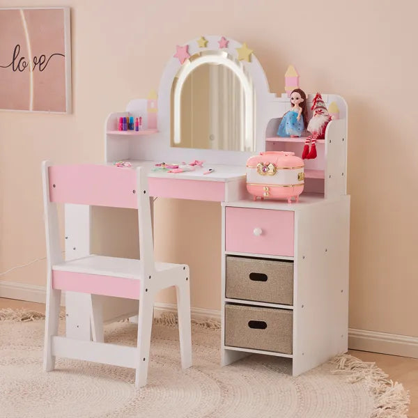 Weiße und rosa Stern- und Burgelemente; MDF und Spanplatte; Sprühfarbe, Siebdruck und Melaminfurnier; 1 Schublade, 2 Stoffschubladen, 2-stufiges Regal; Kinder-Ankleidetisch-Set