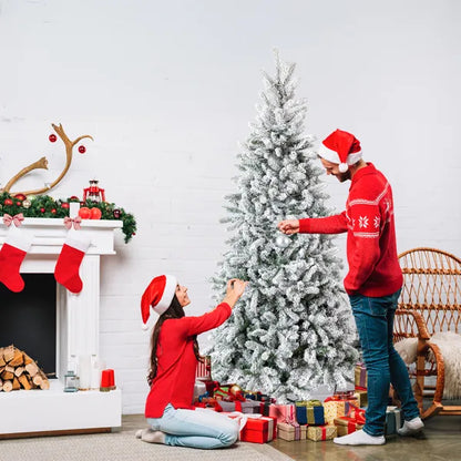 7 FT Schneebeflockte Vorbeleuchtete Künstliche Bleistift-Weihnachtstanne, Gelenkige Weihnachtstanne mit 1100 Astspitzen und 400 Lichtern für Feierbüro Zuhause, Schneebedeckt Grün