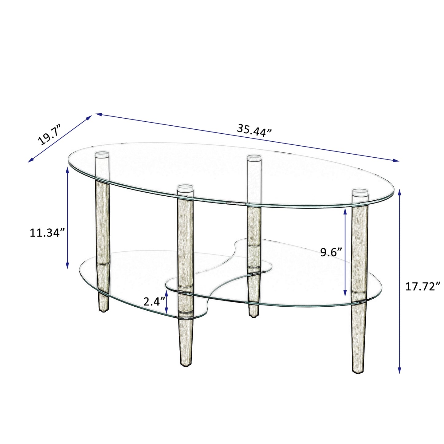Transparenter ovaler Glas-Couchtisch, 3-stufiges Eichenbein Modernes Wohnzimmertisch