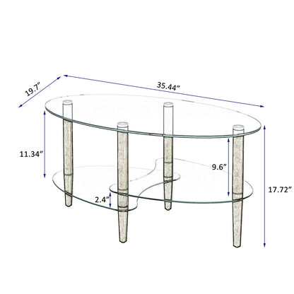 Transparenter ovaler Glas-Couchtisch, 3-stufiges Eichenbein Modernes Wohnzimmertisch
