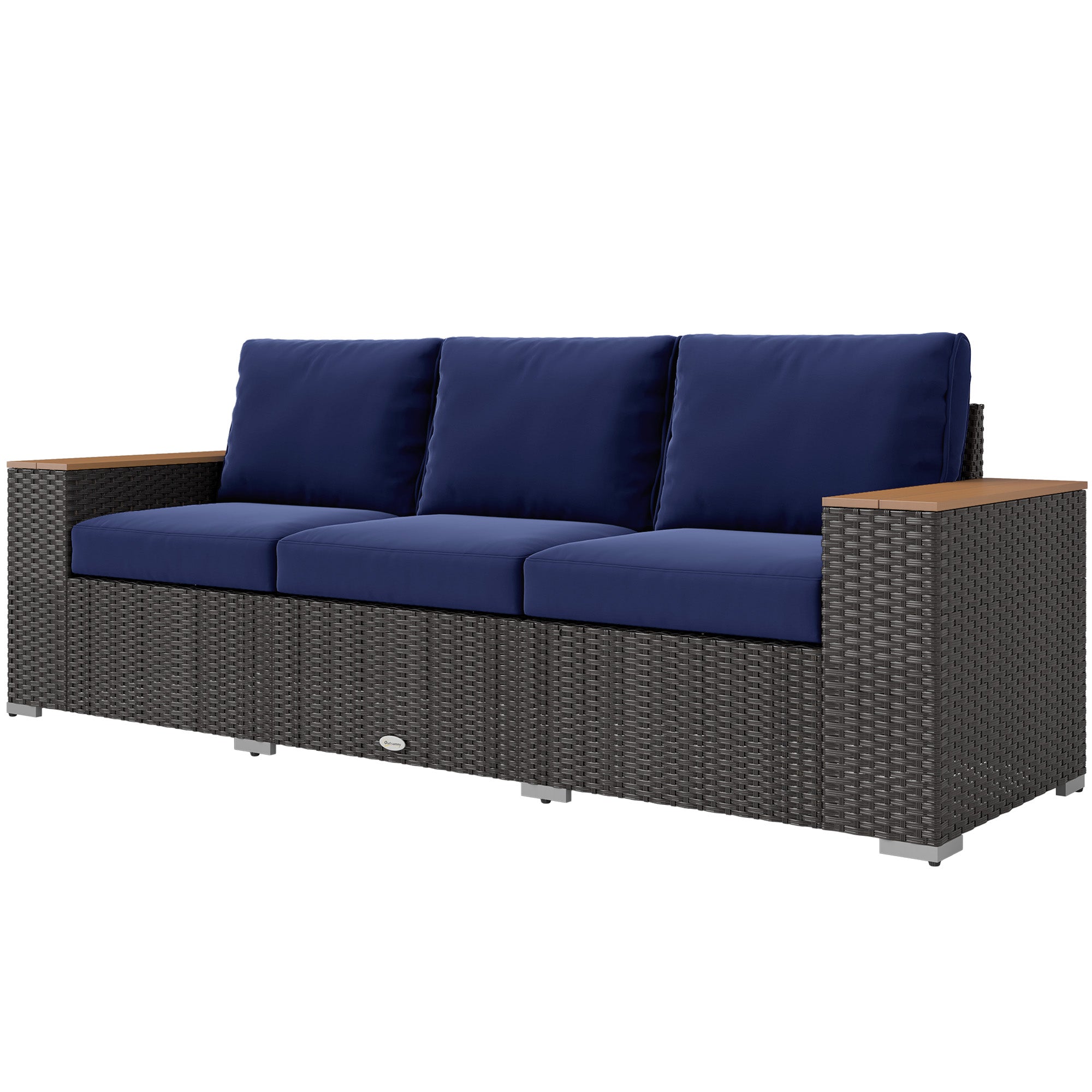 3-Sitziges Außenterrassen-Sofa mit Polstern, PE-Rattan-Geflecht-Sofa mit breiten Armlehnen, Outdoor-Geflecht-Couch, Marineblau