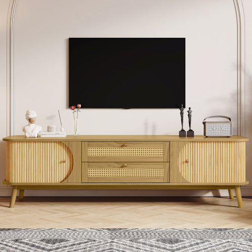 Rattan-Fernsehtisch für Fernseher bis 75 Zoll, modernes Bauernhaus-Medienbüfett, Unterhaltungszentrum mit massiven Holzbeinen, TV-Schrank für das Wohnzimmer, Heimkino