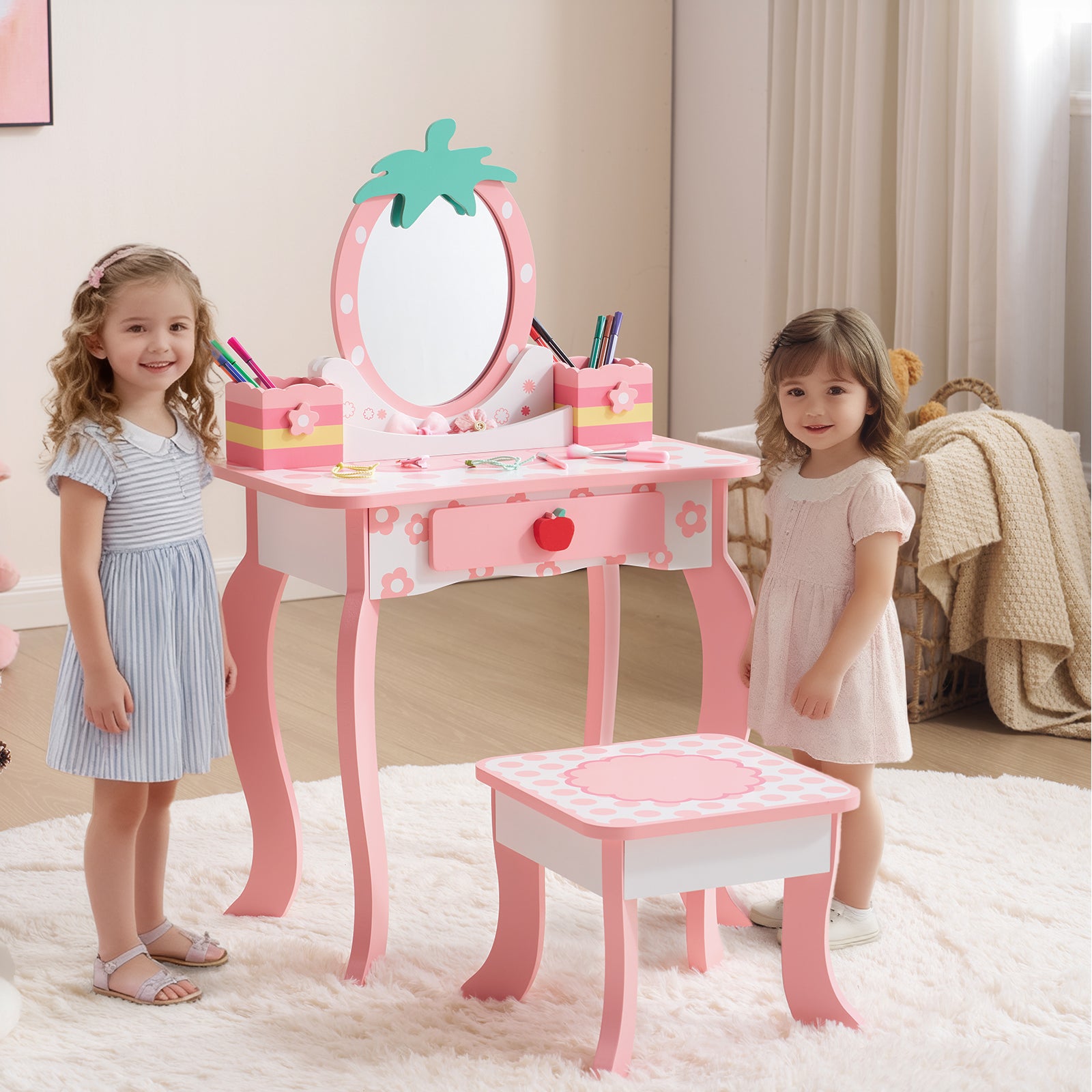 Weißes MDF, sprüh lackiertes 1-Schubladen-2-Arbeitsplatten-Speicherbox-Kinder-Ankleidetisch-Set mit Apfel-Druck