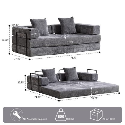 Boden-Couch, Kompressions-Sofa, Umwandelbares Boden-Sofa-Bett – mit Kissen-Rückenstütze und Armlehne, Bequeme Futon-Couch-Liege-Schlafsofa, Chenille-Stoff, für Wohnzimmer und Schlafzimmer DUNKELGRAU