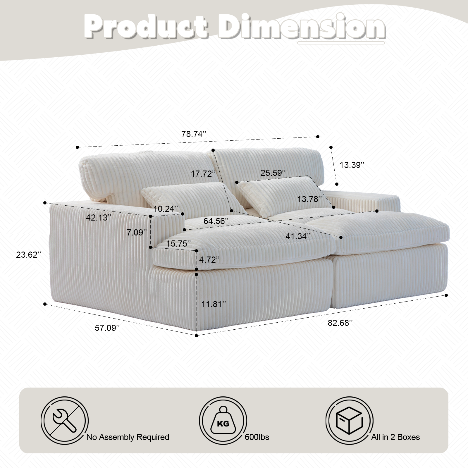White Corduroy Chaise Lounge Roomy No-Setup