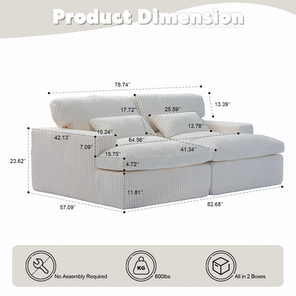 Doppel-Liege-Stuhl für Innenräume, Überdimensionierte Bezogene Schlafcouch Wolken-Sofa, Tief Sitzender Luxus-Sofabett, Ecksofa mit Liege und Sessel, Corduroy-Lesestuhl für das Wohnzimmer, Keine Montage erforderlich, Weiß