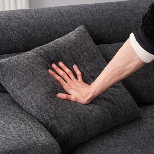 LY-029 Graue Kompressionssofa für 4 Personen, Kombinierte Sofa, Holzmaserung Chenille-Stoff, Voll-Schwamm-Kompressionssofa, kombinierte Sofa mit 2 Kissen für Wohnzimmer, Möbel für Zuhause, Wohnung