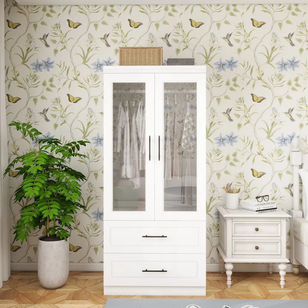 Kleiderschrank Garderobe Schrank mit 2 Glastüren, 71" hoher Schlafzimmer-Kleiderschrank mit 2 Schubladen, Schrank mit Kleiderstange für das Schlafzimmer, Holzkleiderschränke und Garderoben
