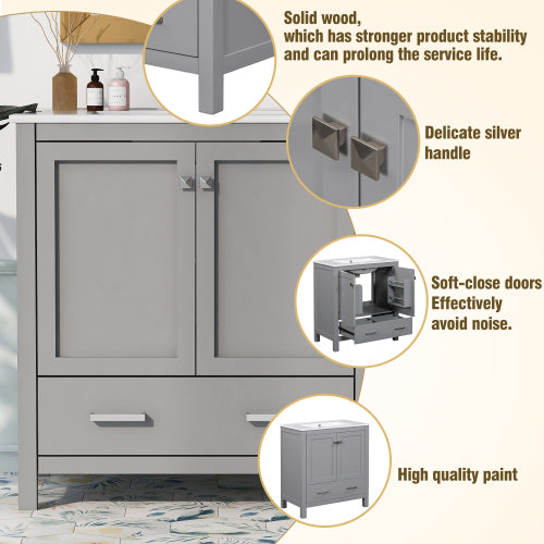 30  Gray Bathroom Vanity With Single Sink, Combo Cabinet Undermount Sink, Bathroom Storage Cabinet With 2 Doors And A Drawer, Soft Closing, Multifunctional Storage, Solid Wood Frame
