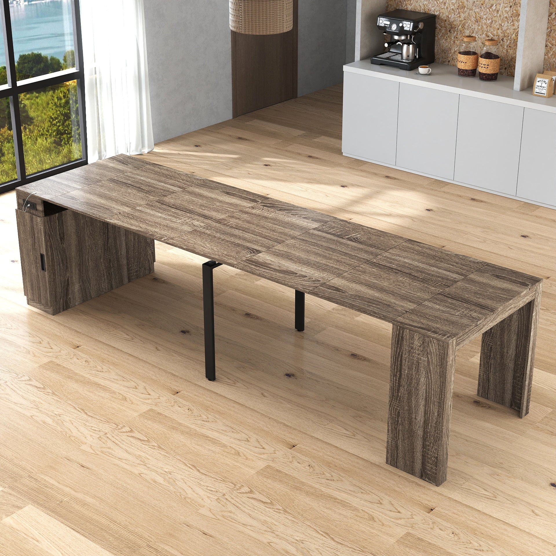 Moderne multifunktionale ausziehbare Esstisch mit Steckdose, platzsparender ausklappbarer Tisch mit Stauraum für Partys, Hochzeiten, Meetings und Feiern