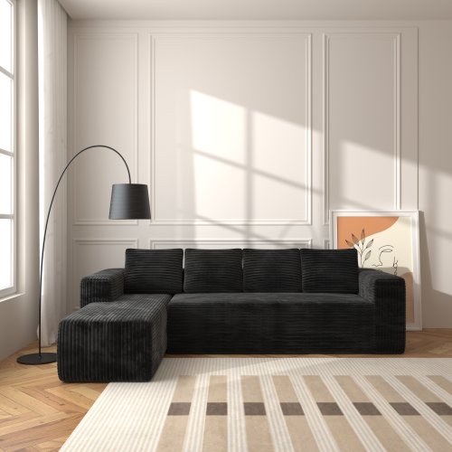 Cloud-Sofagarnitur mit L-förmiger Chaise, Moderne modulare Sitzbank mit tiefer Sitzfläche, Bezogene Sofas mit rechtsgerichteter Chaise für Wohnzimmer und Schlafzimmer, Keine Montage erforderlich, Schwarzer Plüsch-Cordstoff