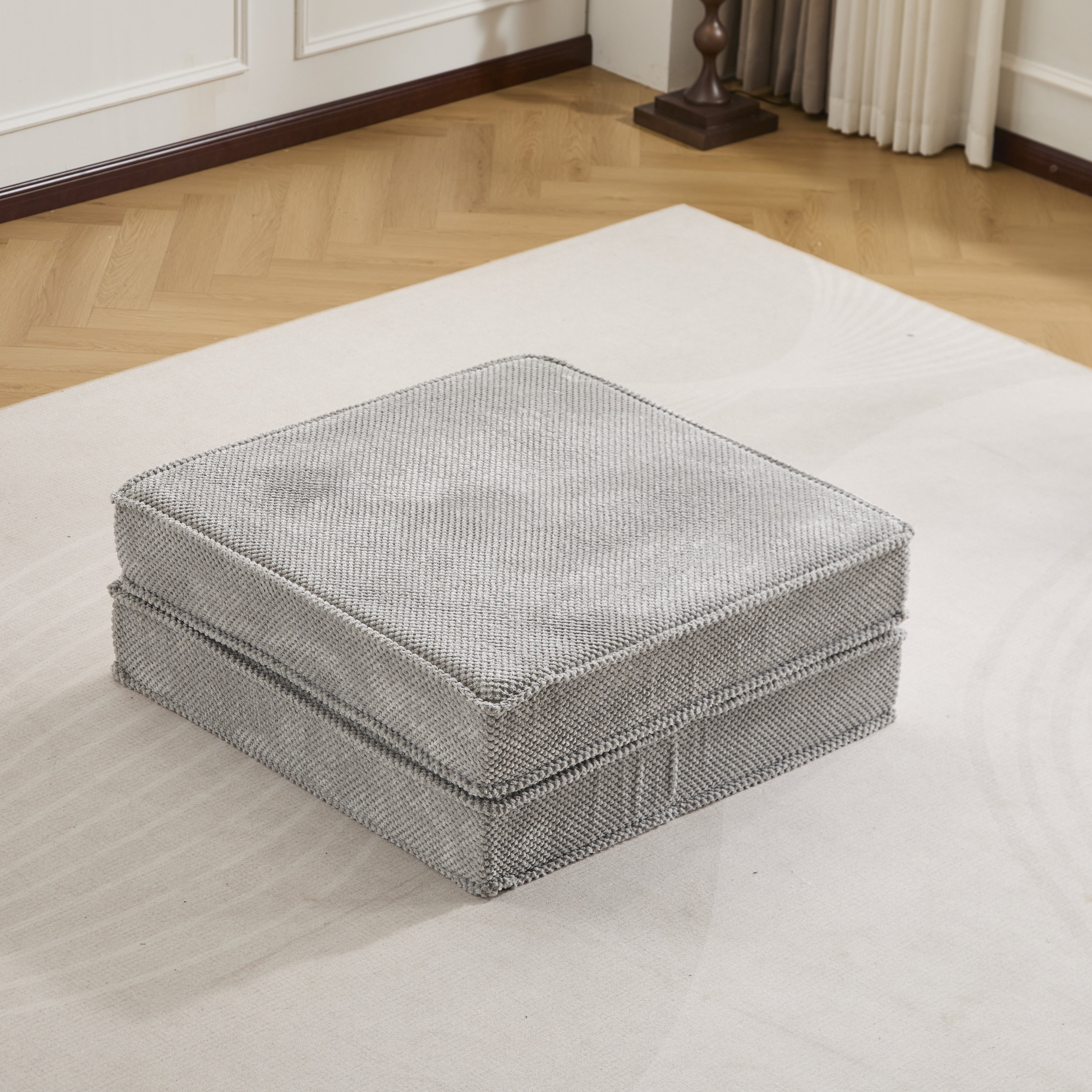 Kompressions-Mahjong-Sofa, umklappbares Boden-Sofabett, DIY knochenloses modulares Sektionssofa, keine Montage erforderlich, Kreisförmiger Fleece-Stoff, 1 Hocker, Hellgrau