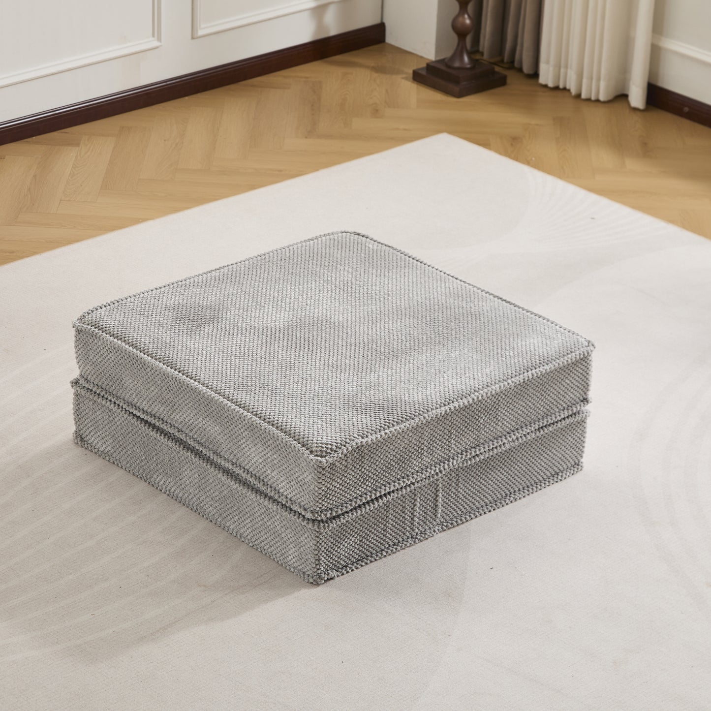 Kompressions-Mahjong-Sofa, umklappbares Boden-Sofabett, DIY knochenloses modulares Sektionssofa, keine Montage erforderlich, Kreisförmiger Fleece-Stoff, 1 Hocker, Hellgrau