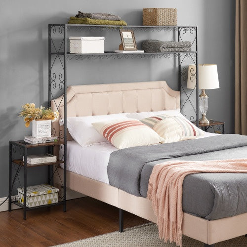 Queen-Bettgestell mit 2 Nachttischen, Kopfteilen mit Stauraum-Schrank, Kopfteil mit Regalen, Bücherregal-Kopfteil Queen, einfache Montage für das Schlafzimmer, Eisen und Holz, rustikal braun