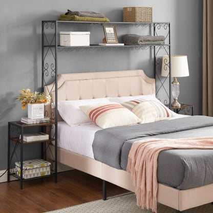 Queen-Bettgestell mit 2 Nachttischen, Kopfteilen mit Stauraum-Schrank, Kopfteil mit Regalen, Bücherregal-Kopfteil Queen, einfache Montage für das Schlafzimmer, Eisen und Holz, rustikal braun