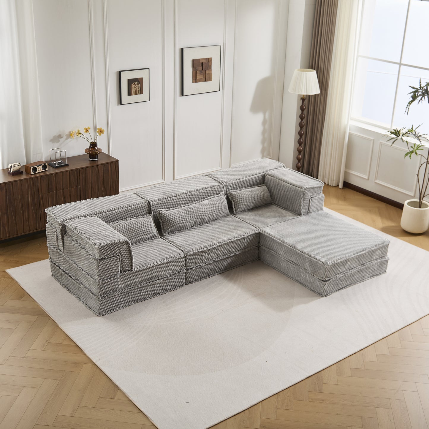 Kompressions-Mahjong-Sofa, umklappbares Boden-Sofabett, DIY knochenloses modulares Sektionssofa, keine Montage erforderlich, Kreis-Fleece-Stoff, überdimensioniertes 3-Sitzer-Sofa mit 1 Hocker, Hellgrau