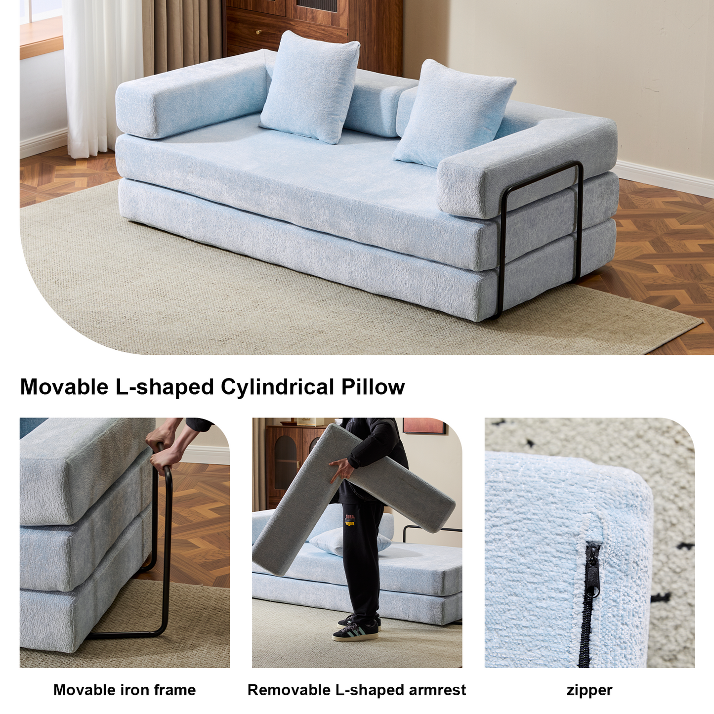 Boden-Couch, Kompressions-Sofa, Umwandelbares Boden-Sofa-Bett – mit Kissen-Rückenlehne und Armlehne, Bequeme Futon-Couch-Liege-Schlafsofa, Chenille-Stoff, für Wohnzimmer und Schlafzimmer LICHTBLAU