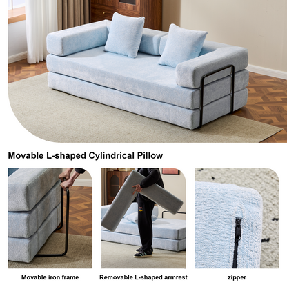 Boden-Couch, Kompressions-Sofa, Umwandelbares Boden-Sofa-Bett – mit Kissen-Rückenlehne und Armlehne, Bequeme Futon-Couch-Liege-Schlafsofa, Chenille-Stoff, für Wohnzimmer und Schlafzimmer LICHTBLAU